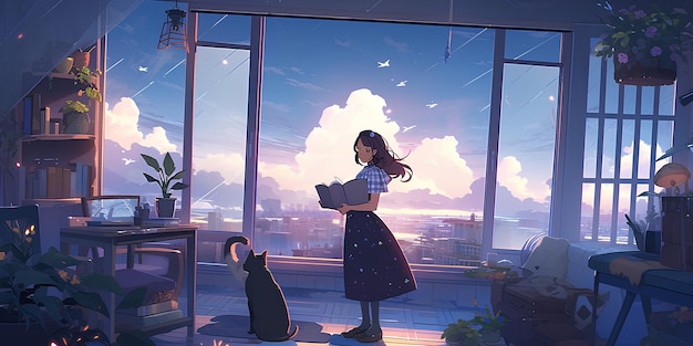 Window view of a sky at night Lofi anime