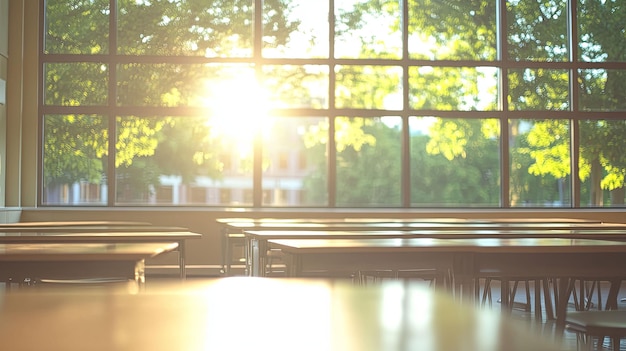 Photo a window view of a sunlit room with tables and chairs