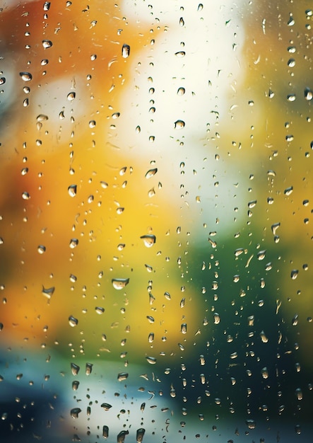 Window wet with rain and raindrops an empty landscape behind it autumn sun