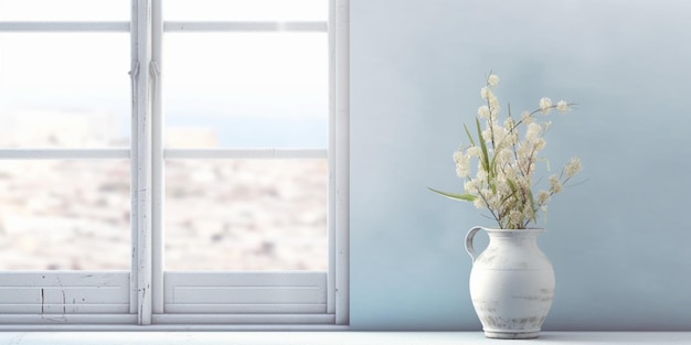 Window and white lily flower on table with sun light copy space blurred background AI Generated