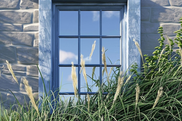 Photo a window with a blue frame and a blue sky and grass in the background