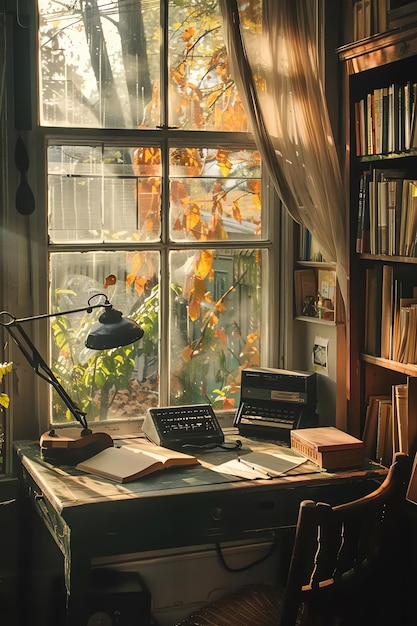 a window with a bookcase and a bookcase with a book on it