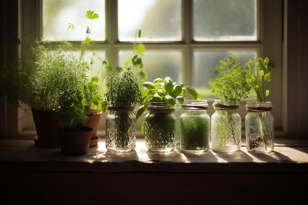 A window with a bunch of herbs on it