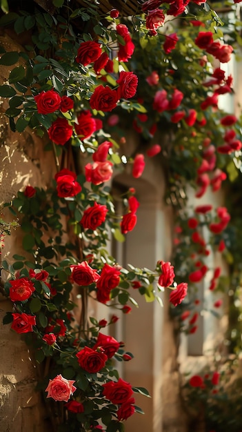 a window with a bunch of red roses hanging from it