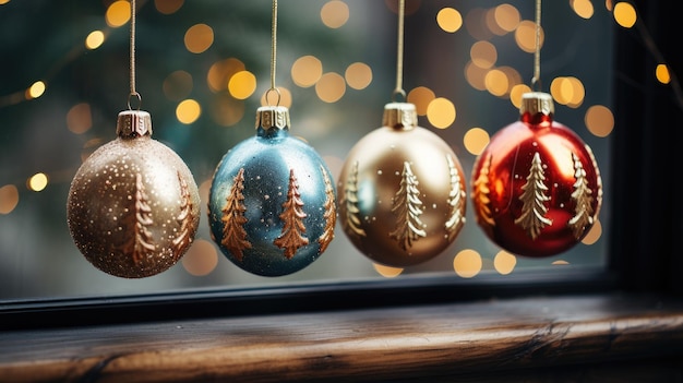 a window with christmas decorations hanging on a window sill