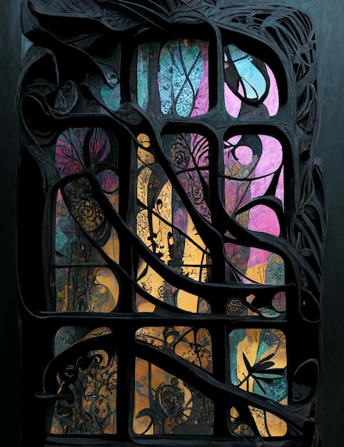 A window with a colorful design in the middle.