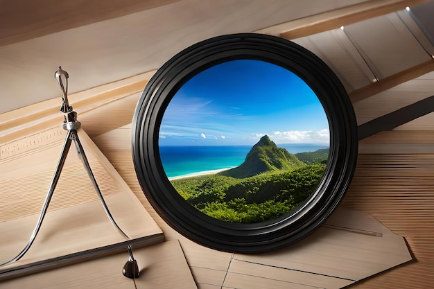 A window with a compass and a view of the ocean