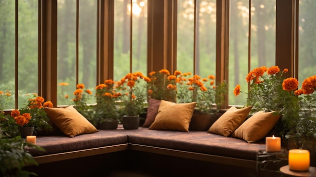 a window with a couch and some flowers on it