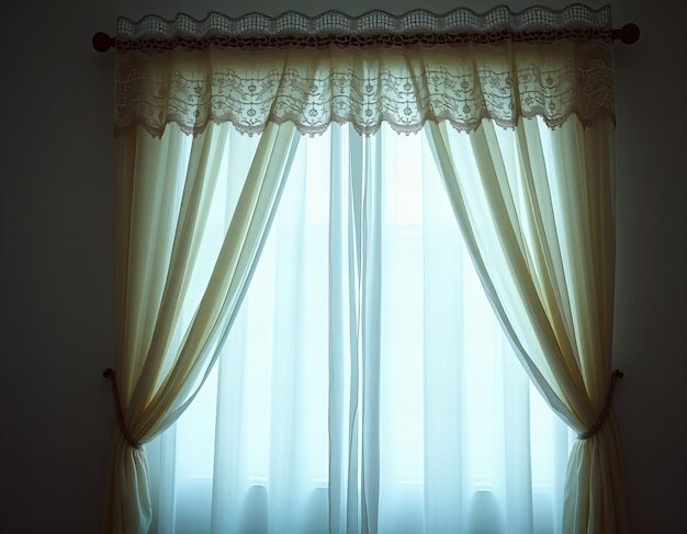 a window with a curtain that says  the name of the house