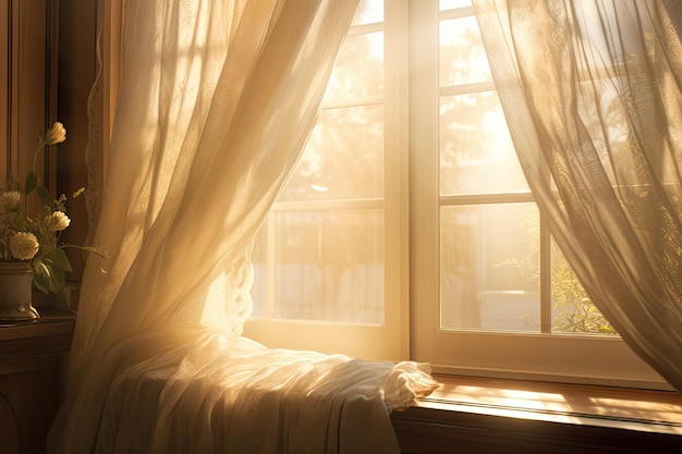 A window with a curtain and a window with the sun shining through it.