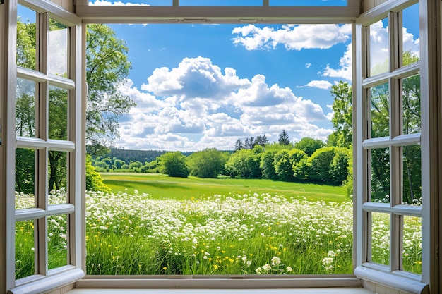 a window with a field of flowers and trees