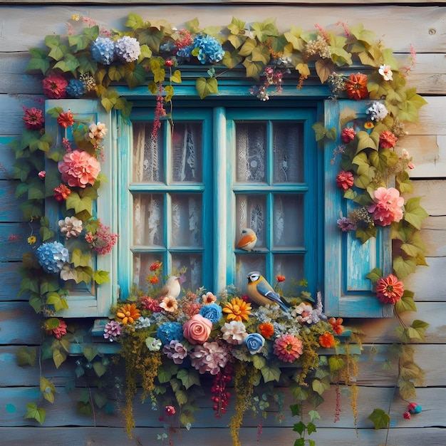 a window with flowers and flowers on it is decorated with flowers