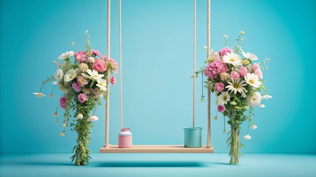 a window with flowers and a mirror with a blue background