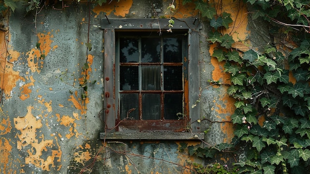 a window with a green background and a rusty frame