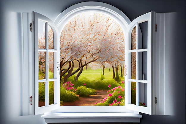 Window with landscape view Open window to the garden Generative AIxA