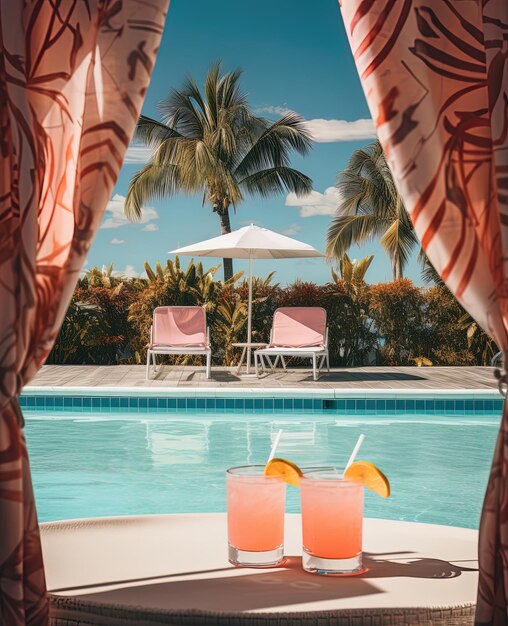 Photo a window with a palm tree and a palm tree on the left