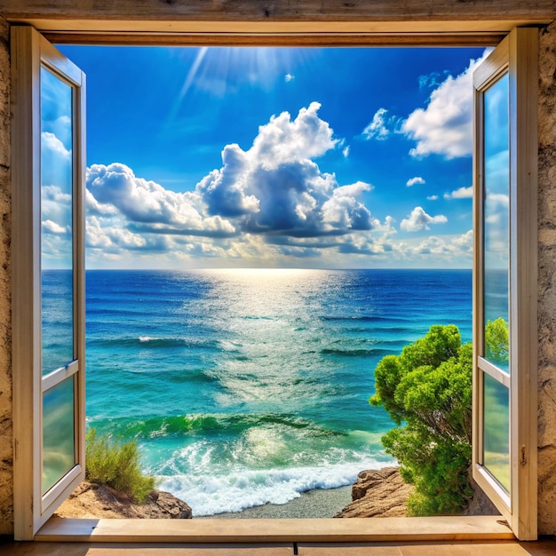 Photo a window with a picture of a beach scene on it