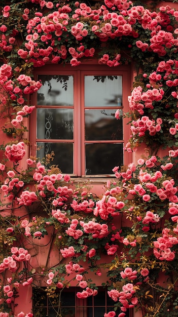 a window with pink flowers on the outside of it