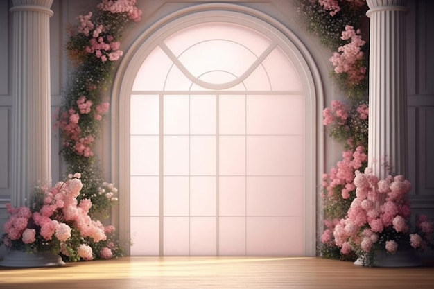 A window with pink flowers and a white door.