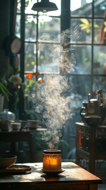 a window with a plant in the background and a pot of white flowers