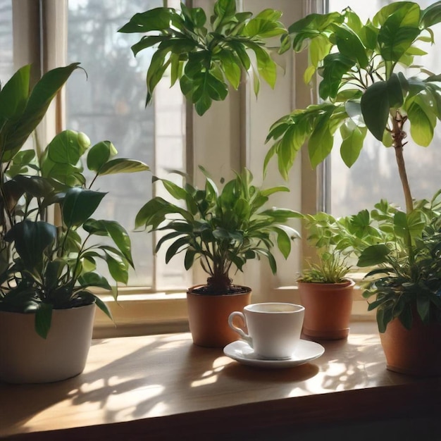 a window with a plant and a cup on a window sill