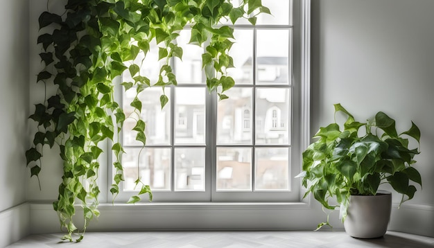 a window with a plant hanging from it