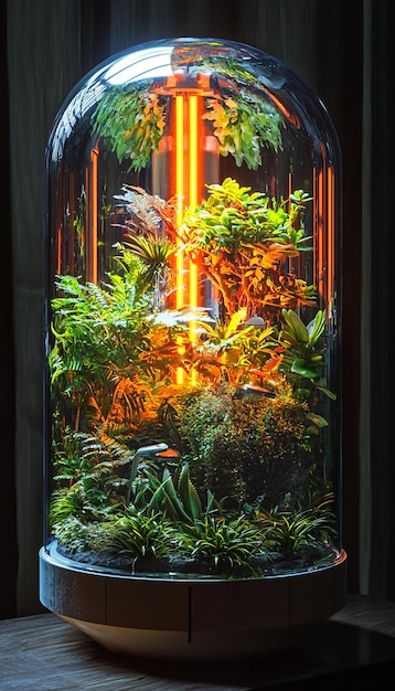 a window with a plant inside of it that has a light inside