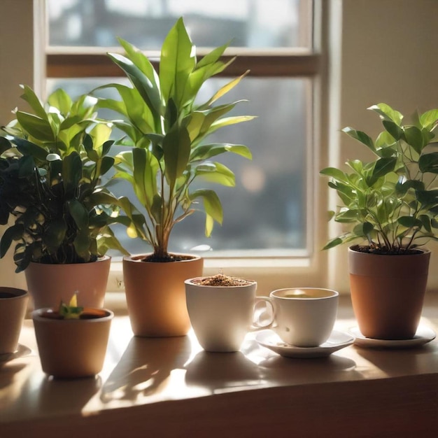 a window with a plant in the middle and a pot of coffee on the table