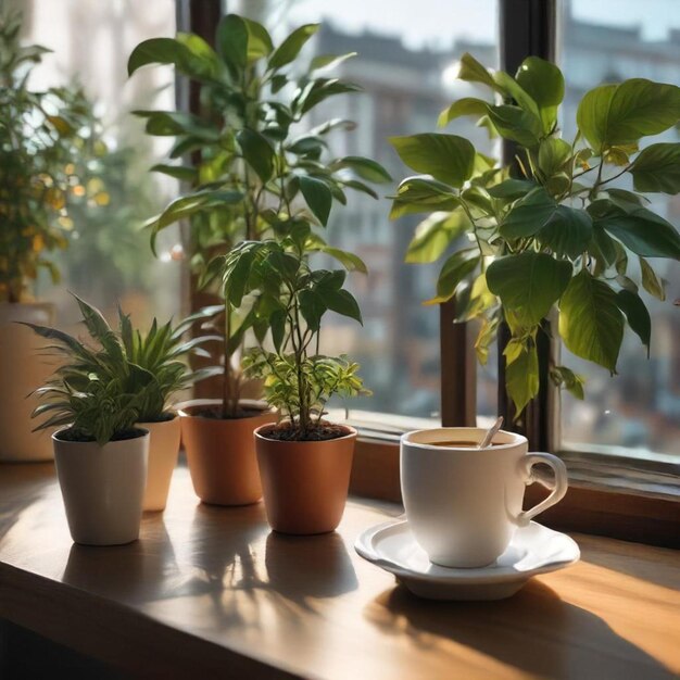 Photo a window with a plant on the table and a cup of coffee