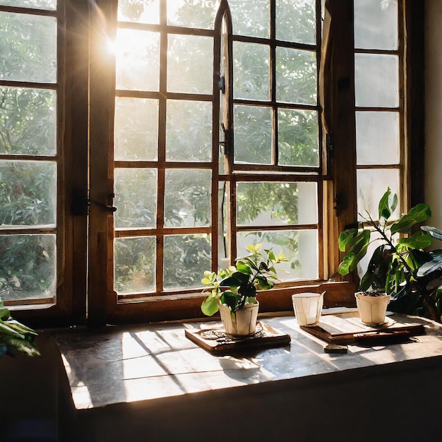 a window with a plant on the table and a window with the sun shining through it