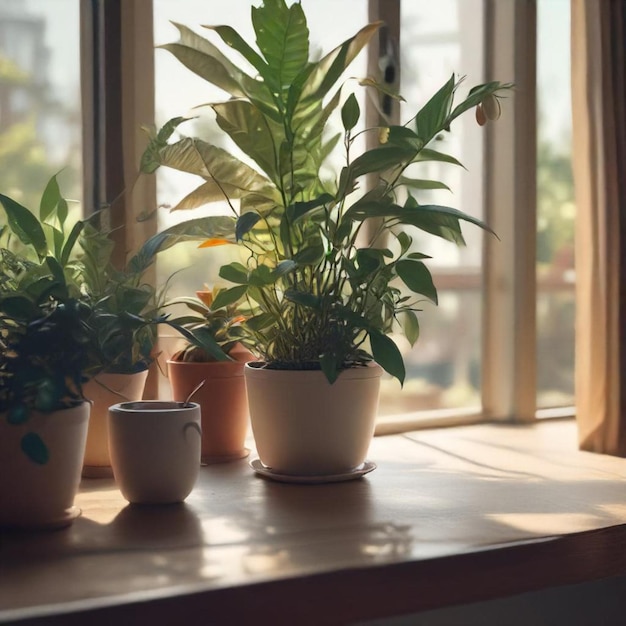 a window with plants and a window in the background