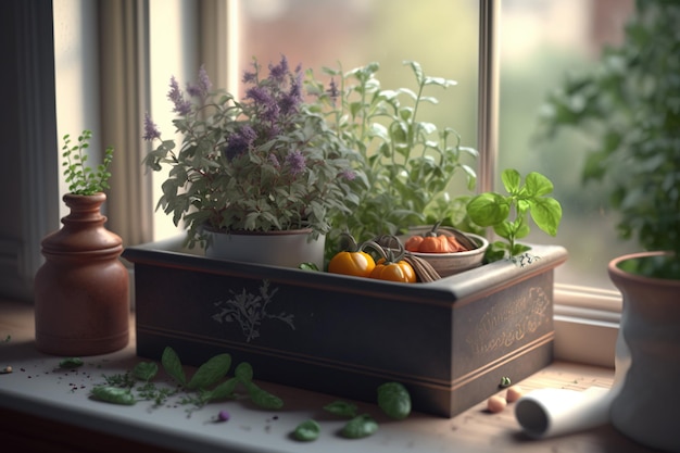 A window with a potted basil and other herbs on it.