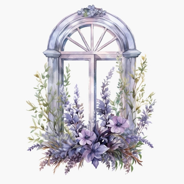 A window with a purple flower arrangement on a white background