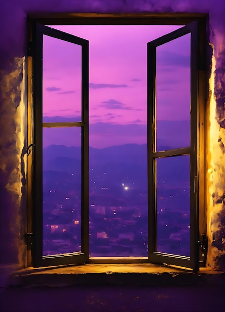 A window with a purple sky and a city in the background