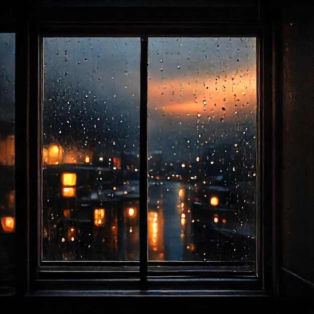 a window with rain drops on it and a city in the background