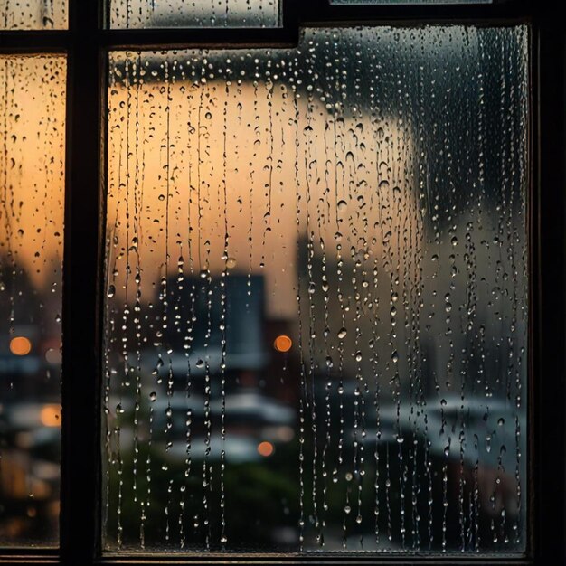 Photo a window with rain drops on it and a city in the background