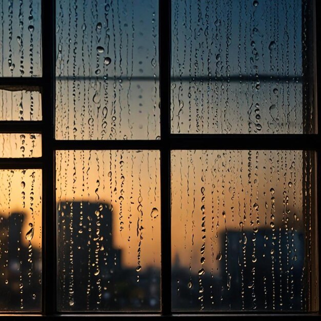 a window with rain drops on it and a city skyline in the background