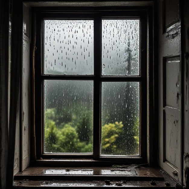 Photo a window with rain drops on it and a window with a view of trees and trees in the background