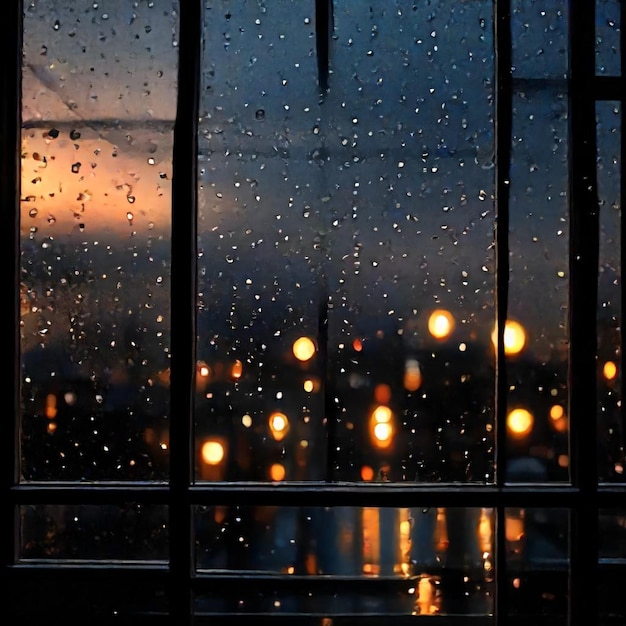 a window with raindrops on it and a cloudy sky in the background