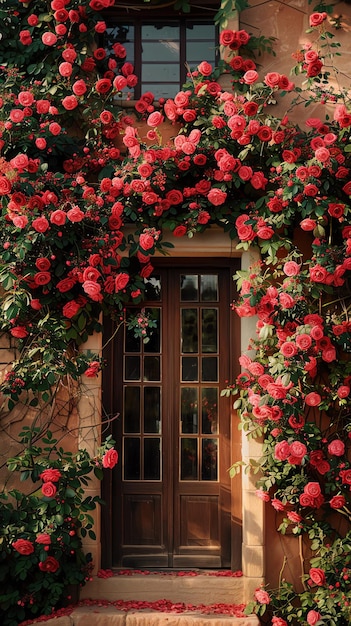 a window with red roses on it and a door that says  hibiscus