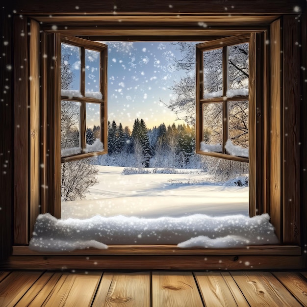 a window with a snow covered landscape and a wooden frame with a snow scene