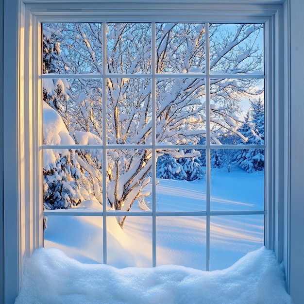 a window with a snow covered tree in the background