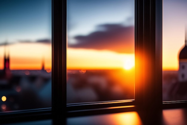 A window with the sun setting behind it