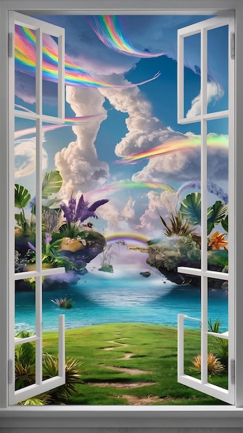 Photo window with surreal and magical landscape view