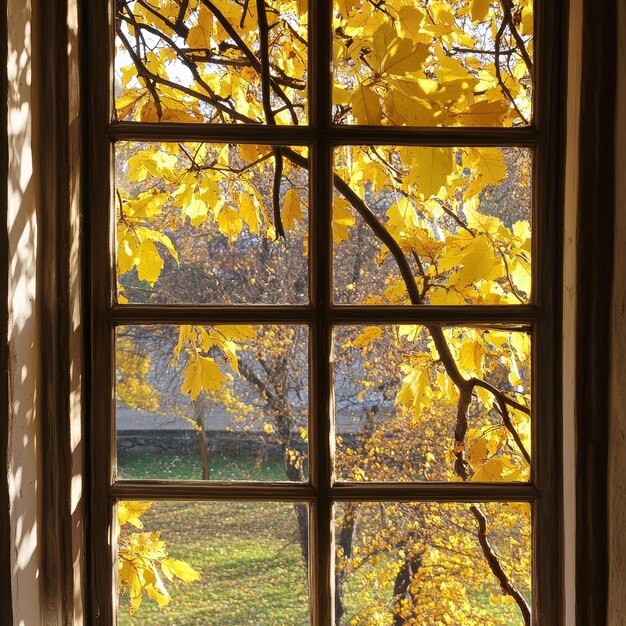 Photo a window with a tree in the background and a tree with yellow leaves