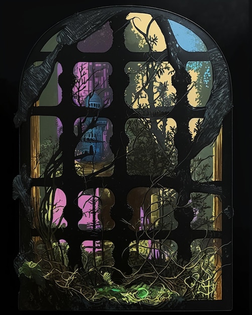 A window with a tree in the middle of it