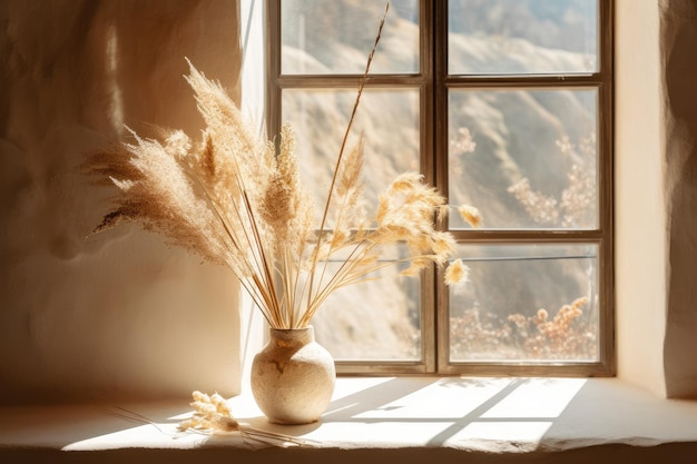 A window with a vase of dried flowers on it