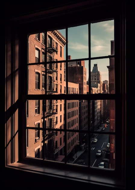 A window with a view of the city in the background