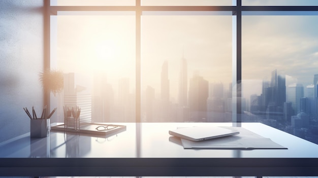 A window with a view of a city in the background