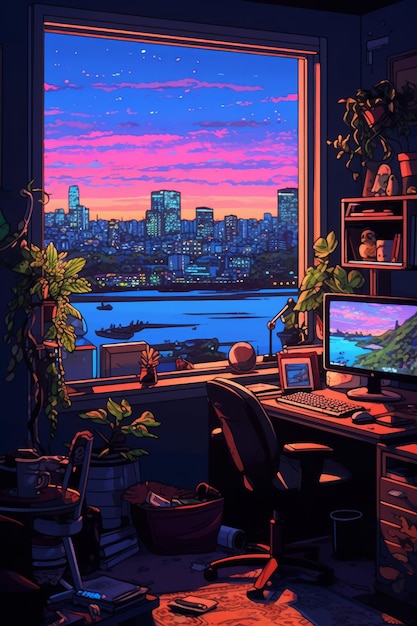 A window with a view of a city and a computer desk.